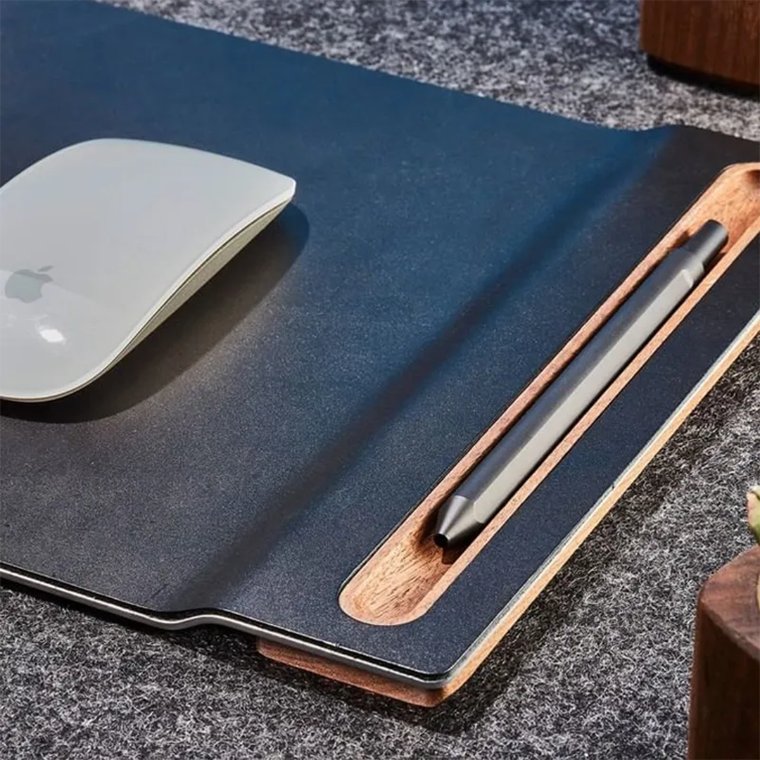 Leather and Wood Mouse Pad With Pen Holder